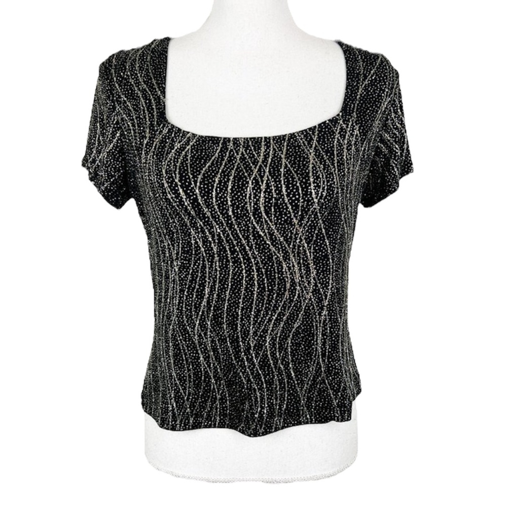 Dressbarn Blouse Women Small Black Square Neck Glitter Rhinestone Short Sleeve
